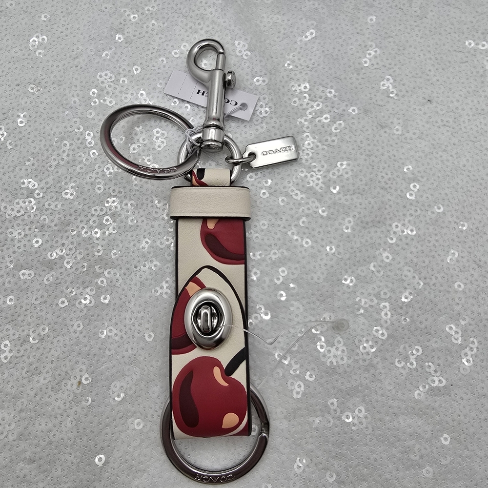 Coach Cherry Print Key Holder with Silver Accents